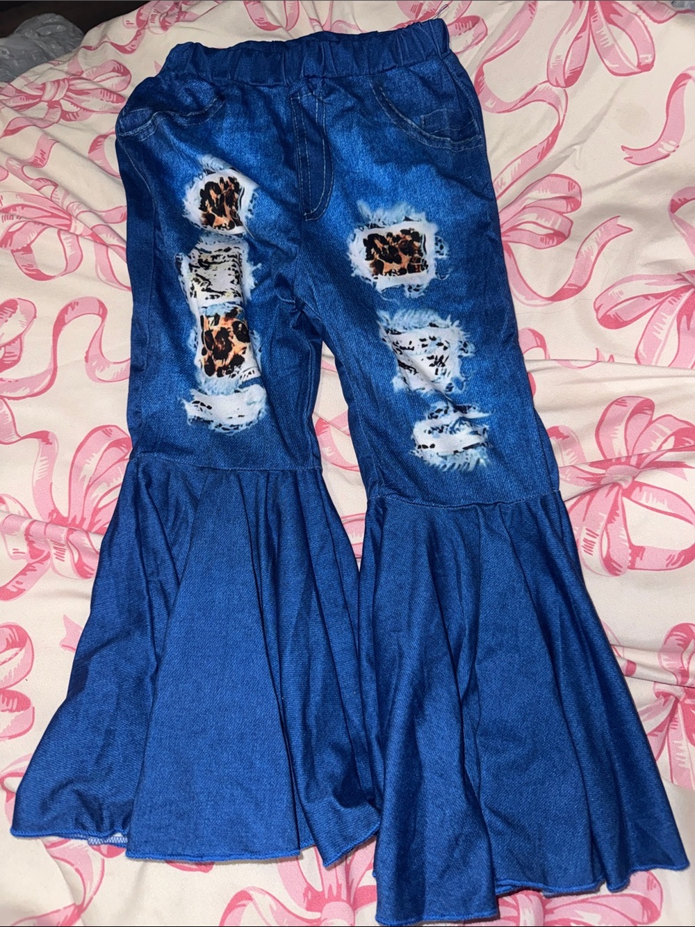 Blue Girls' Ruffle Bell-Bottom Jeans with Leopard Patch Detail